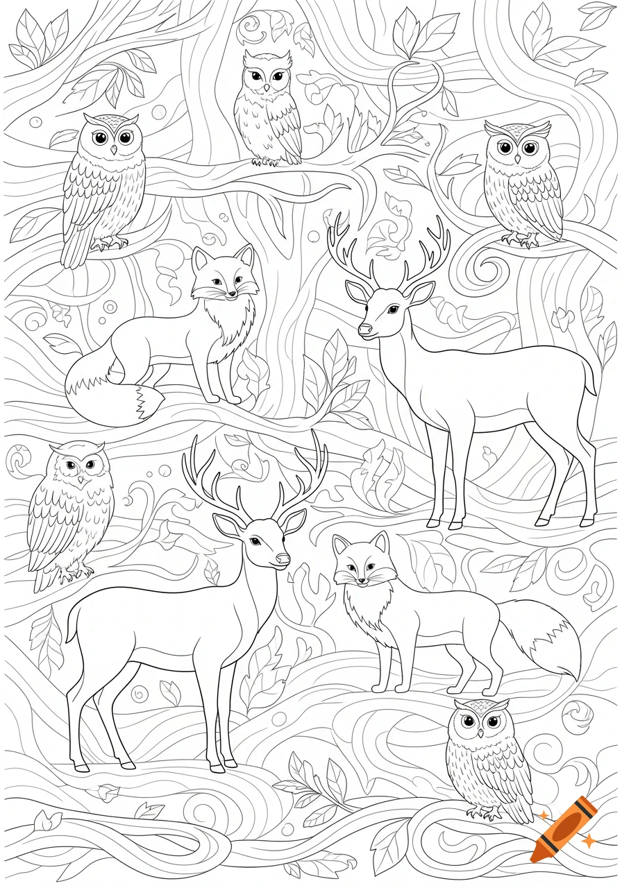 Black and white outline drawing of owls, foxes, and deer in a forest, ready for coloring.