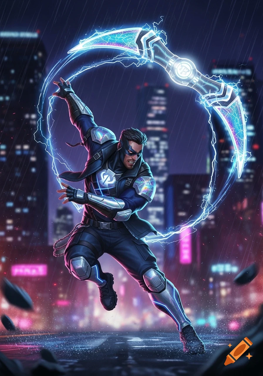A male superhero in a black and blue armored suit, wearing a mask, wields a glowing electric boomerang in a rainy, neon-lit city.
