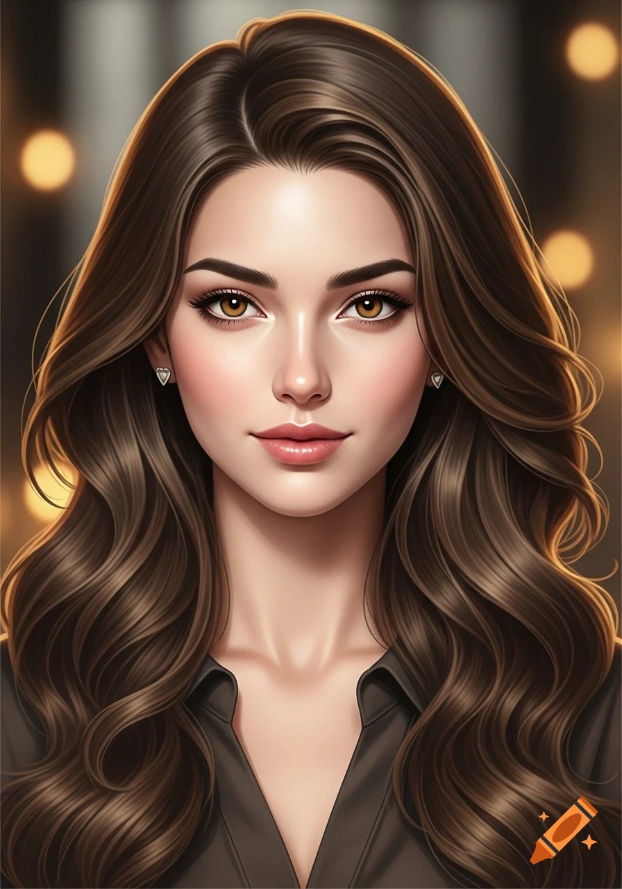 Digital art portrait of a pale woman with long, wavy brown hair, light ...