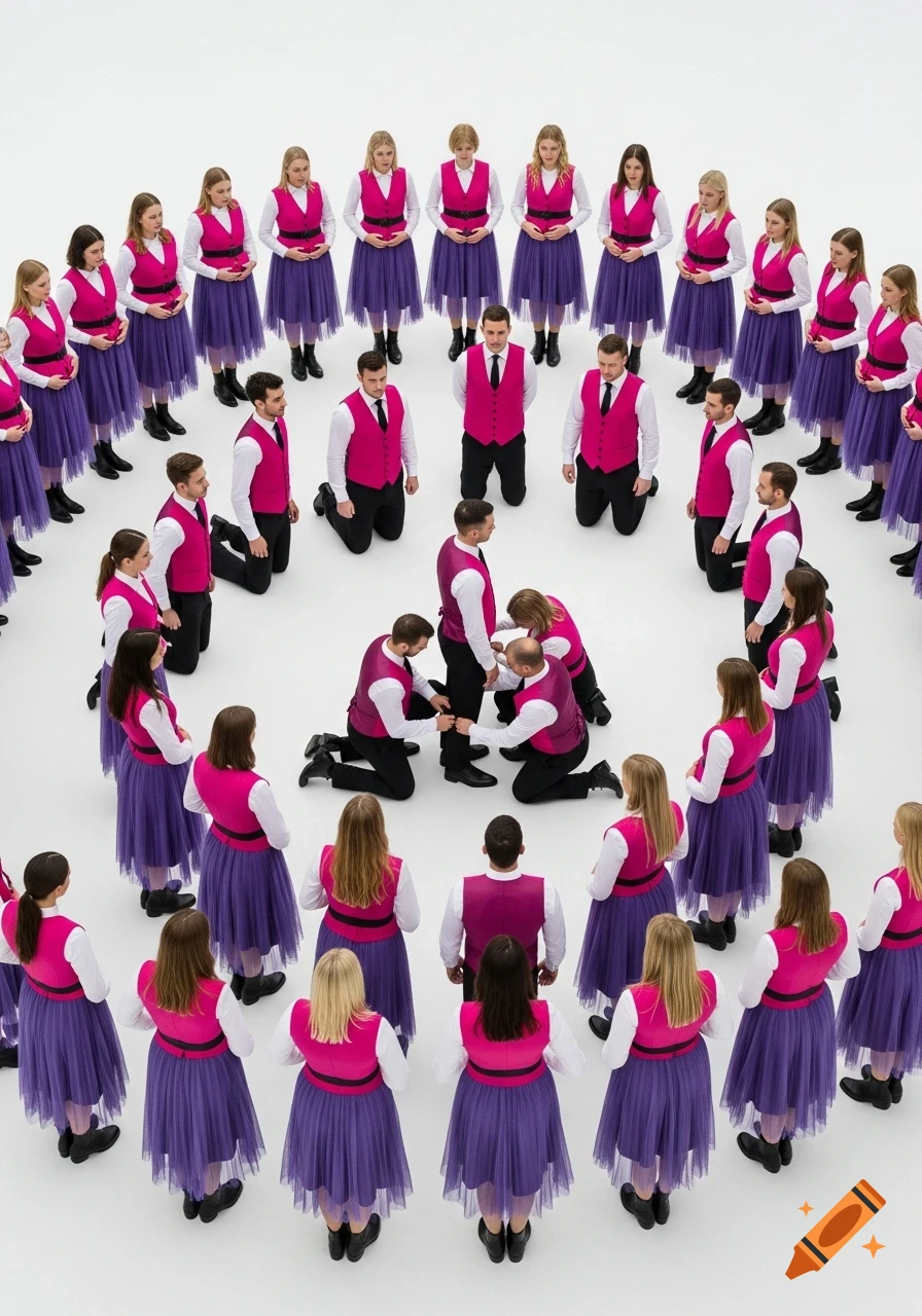 An aerial view of a symbolic scene with a giant circle of women in magenta vests and purple skirts, surrounding kneeling men in magenta vests, with one man being dressed in the center.