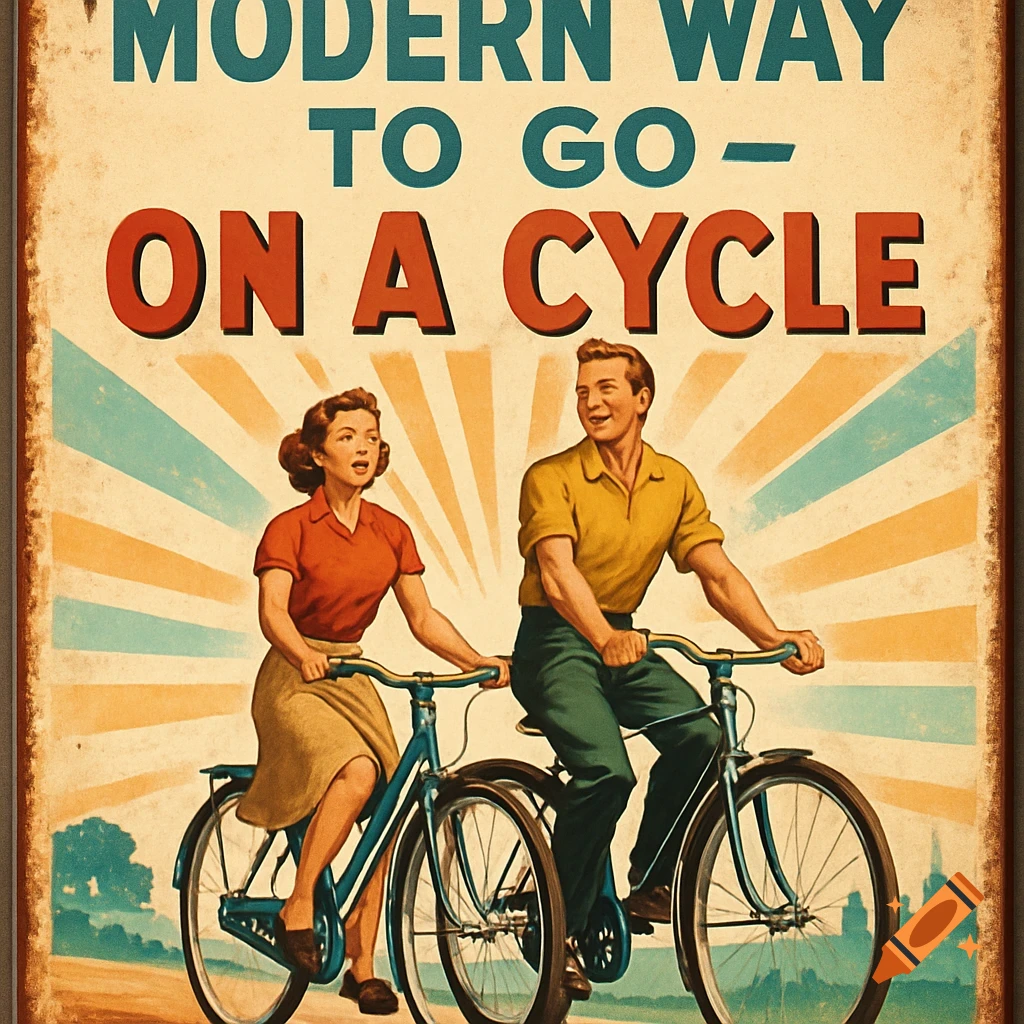 A retro 1950s style poster shows a man and woman on bicycles with the slogan "Modern Way To Go - On A Cycle".
