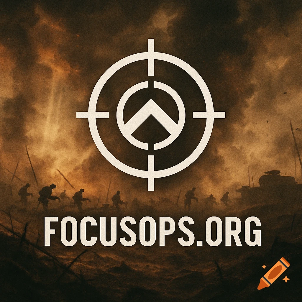 Stylized illustration of a target symbol above 'FOCUSOPS.ORG' with silhouetted soldiers in a smoky, war-torn landscape.