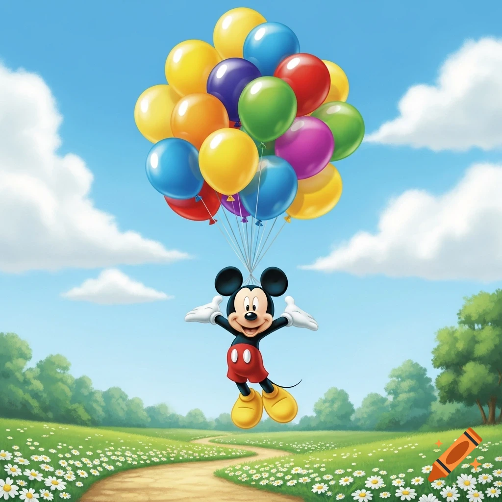 Mickey Mouse flies holding colorful balloons above a winding path through a daisy field under a blue sky.