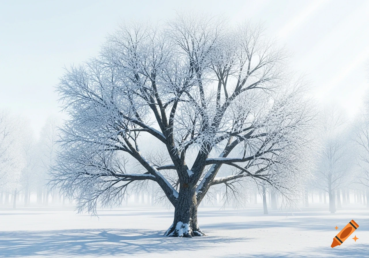 Photorealistic image of a snow-covered tree in a winter forest, bathed in bright sunlight.