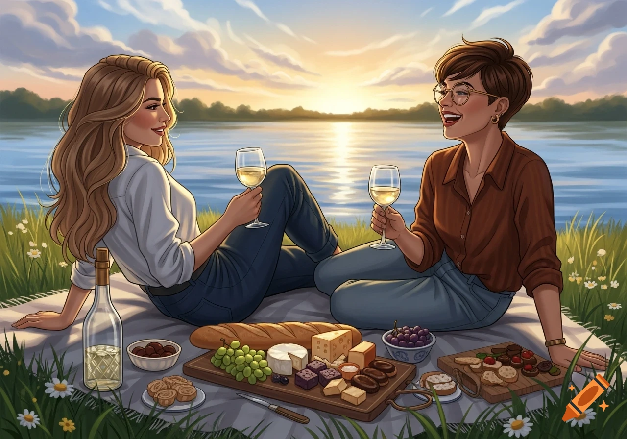 Two women having a picnic by a lake at sunset, holding wine glasses and surrounded by food, in an illustrative style.