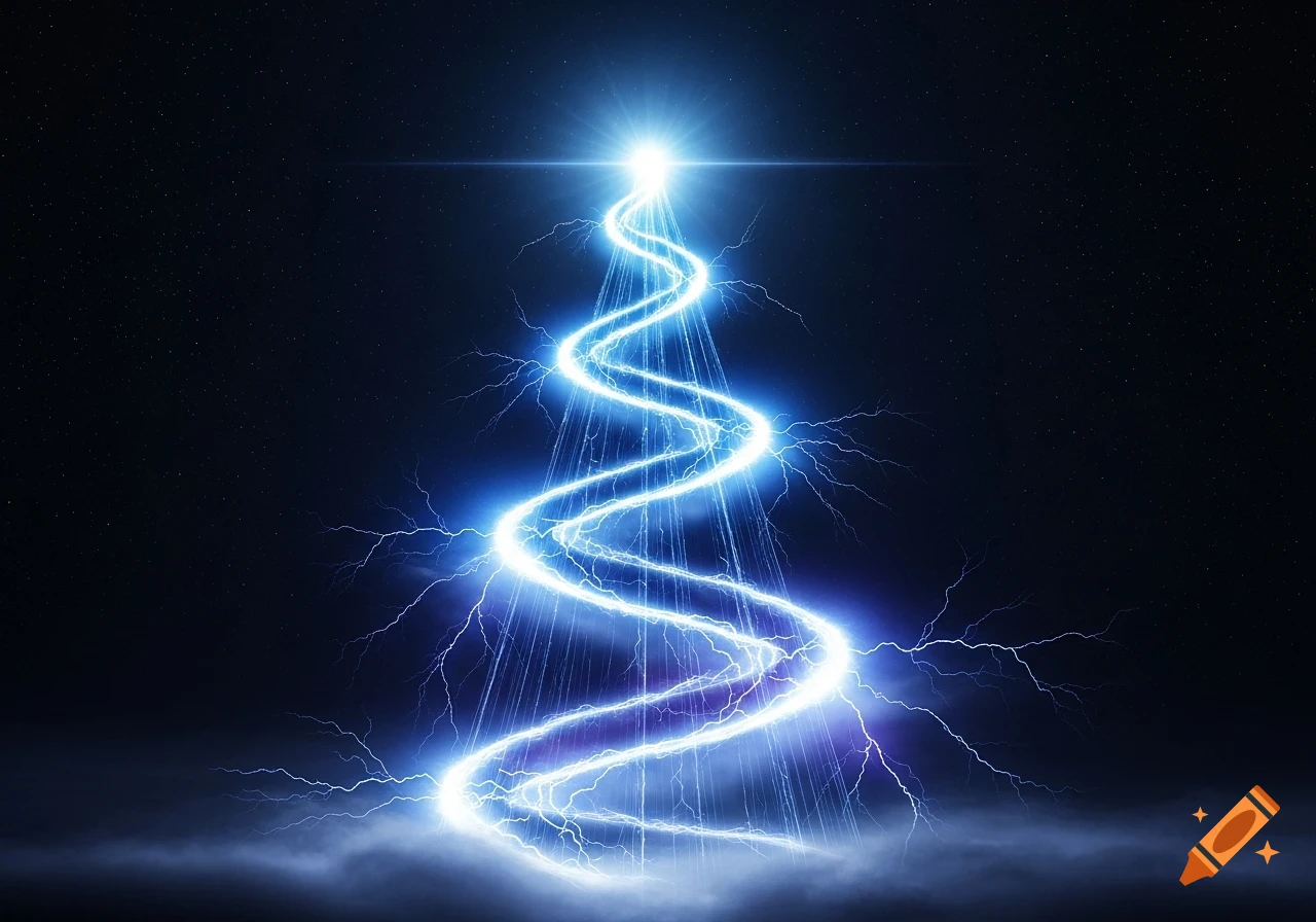 A bright blue electric spiral extends upwards from a misty ground into a dark, star-filled sky, surrounded by lightning.