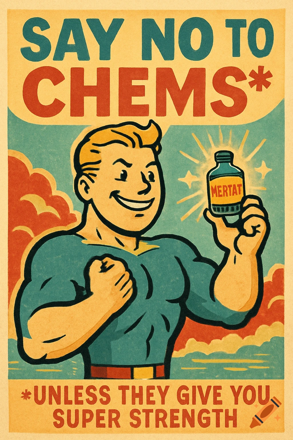 Retro-style poster with a muscular man smiling and holding a bottle labeled 'MERTAT'. Text reads 'SAY NO TO CHEMS* *UNLESS THEY GIVE YOU SUPER STRENGTH'.