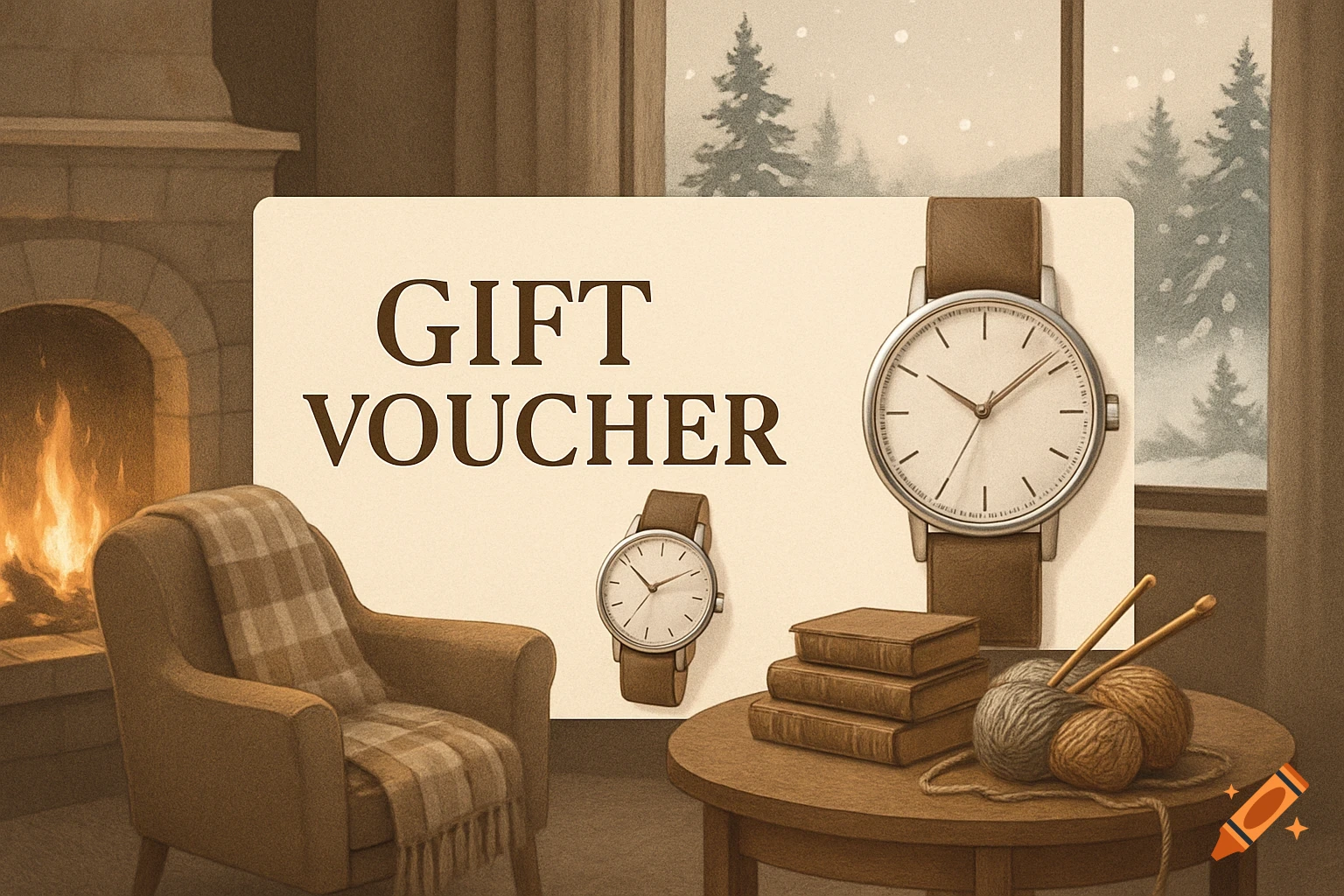 A gift voucher and two watches in a cozy winter interior with a fireplace, armchair, books, and knitting yarn.