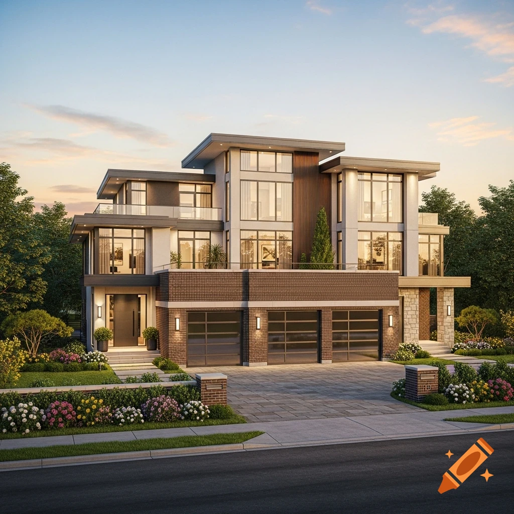 Photorealistic modern multi-story house with three garages and lush landscaping under a bright sky.