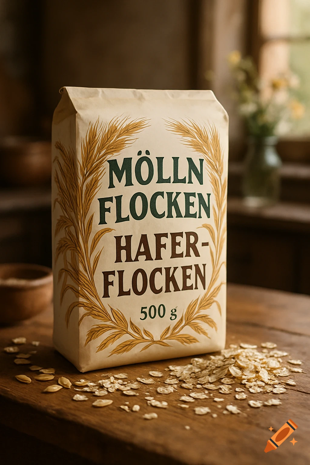 A package of Mölln oat flakes on a rustic wooden table with scattered oats.