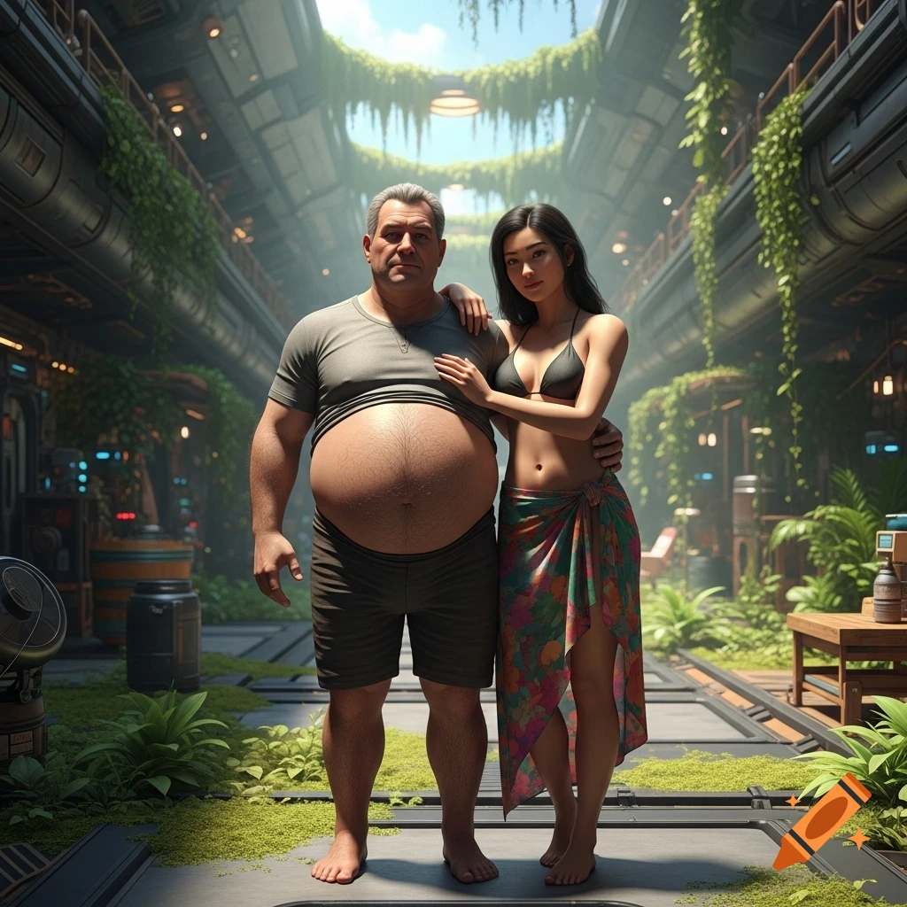 A man with a large belly and a woman in a bikini and sarong stand in a photorealistic, overgrown spaceship corridor.