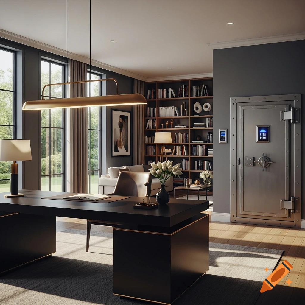 Spacious, modern home office featuring a dark desk, large windows, a full bookshelf, and a prominent silver vault door with a keypad.