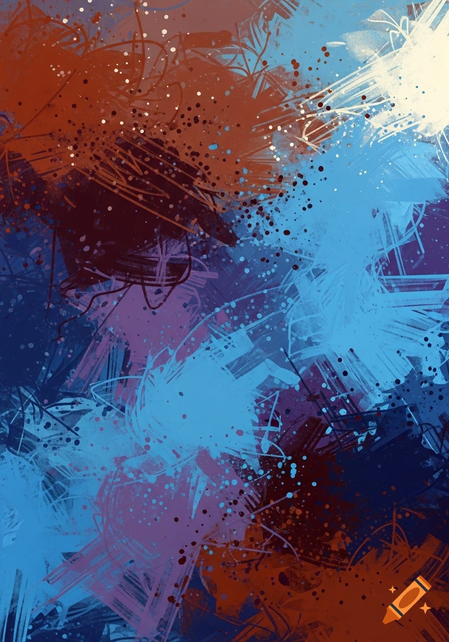 Abstract painting with expressive blue, reddish-brown, and violet brushstrokes and splatters.