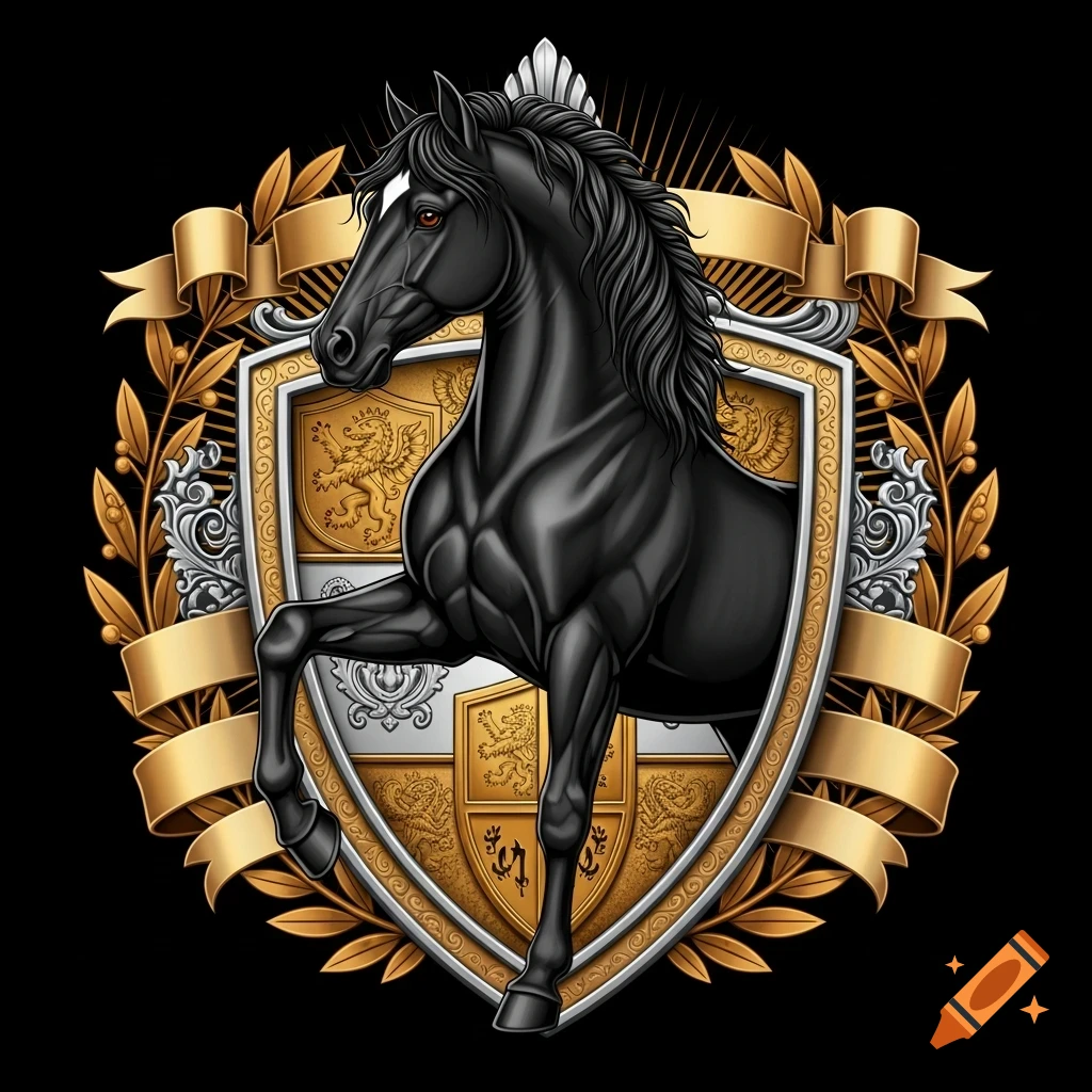 A stylized black horse rears within an ornate gold and silver heraldic shield, framed by golden ribbons and laurel leaves.