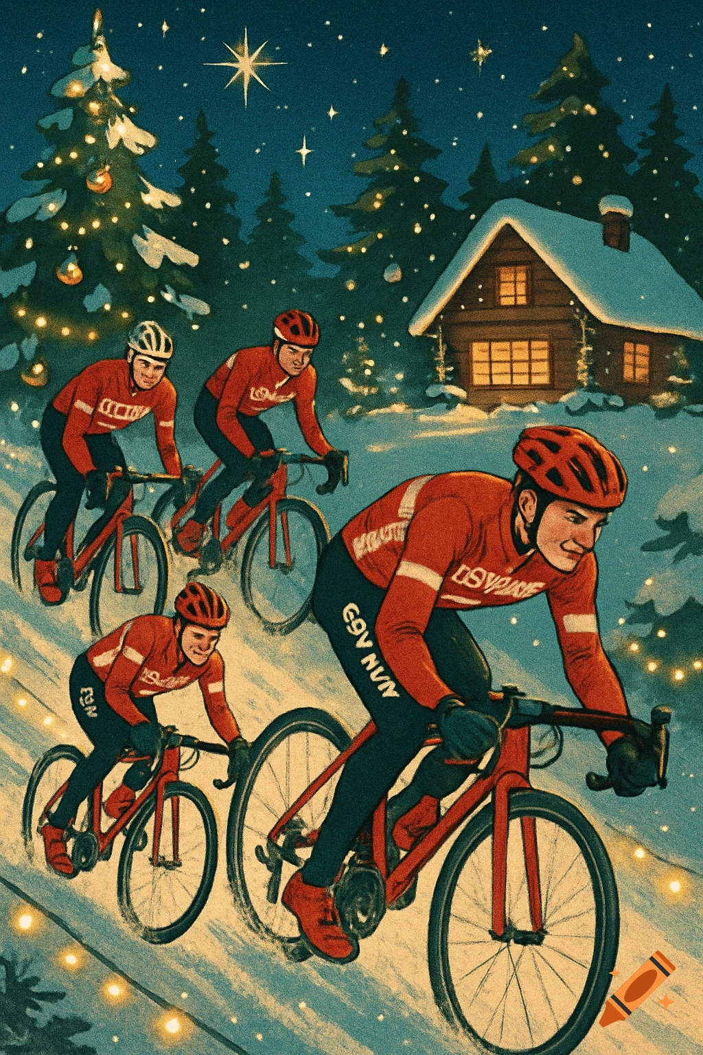 Illustration of four cyclists in red jerseys riding bikes through a snowy Christmas landscape with a cozy cabin and decorated trees.