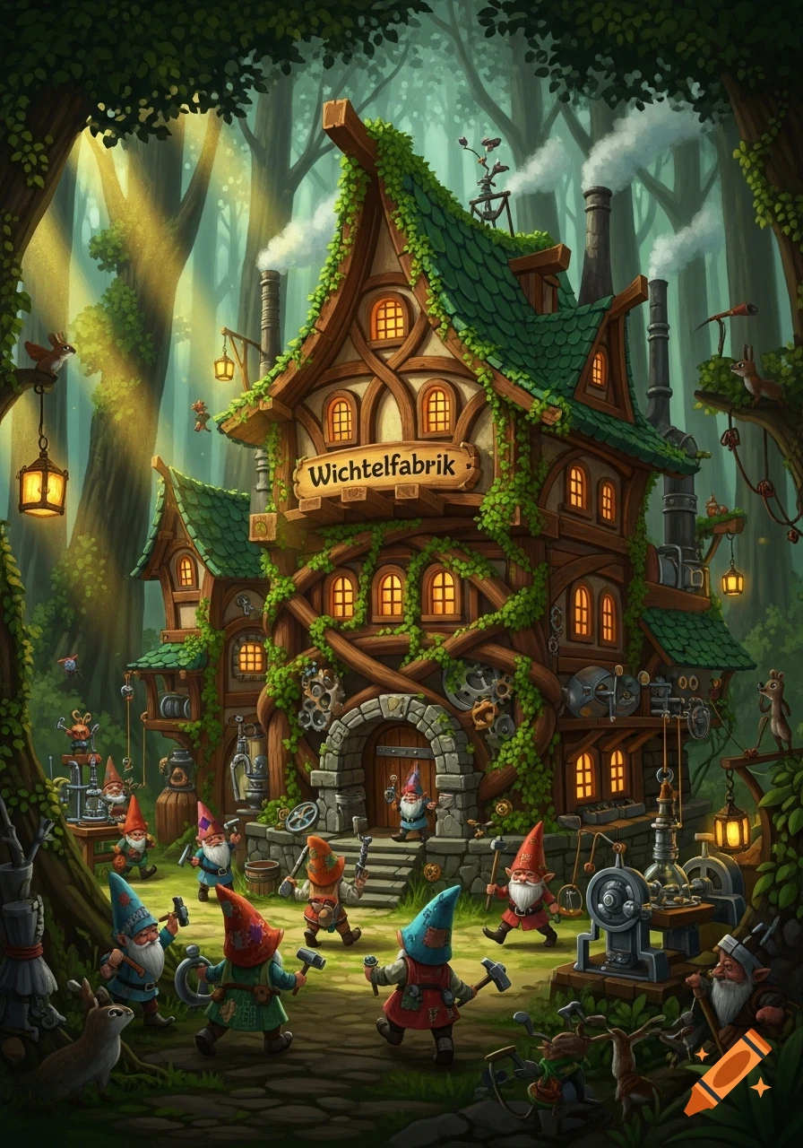 Whimsical illustration of gnomes working around a fantastical 'Wichtelfabrik' workshop in a sun-dappled enchanted forest.