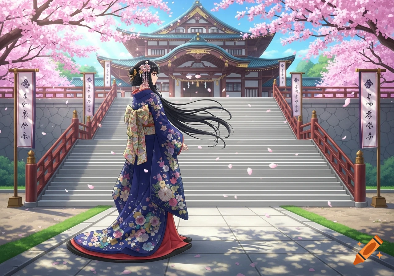 Anime-style woman in a blue kimono stands before a Japanese temple with falling cherry blossoms.
