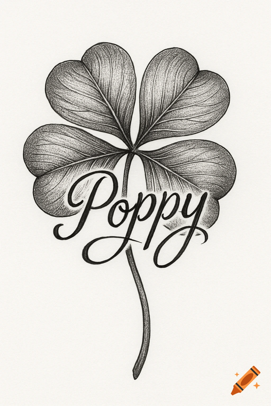 A black and white drawing of a four-leaf clover with the name 'Poppy' written in script across it, in a tattoo style.