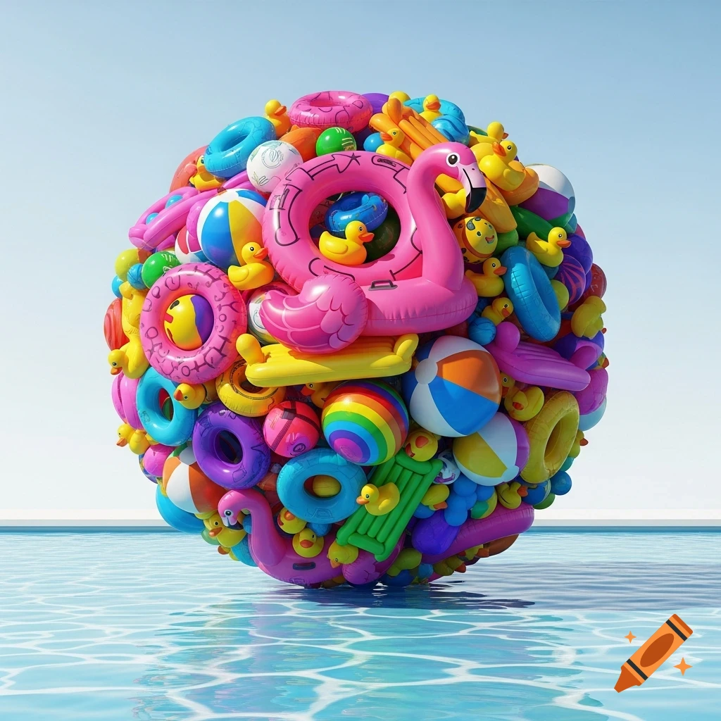 A large sphere made of colorful inflatable pool toys like flamingos, rubber ducks, and beach balls, floating in a swimming pool.