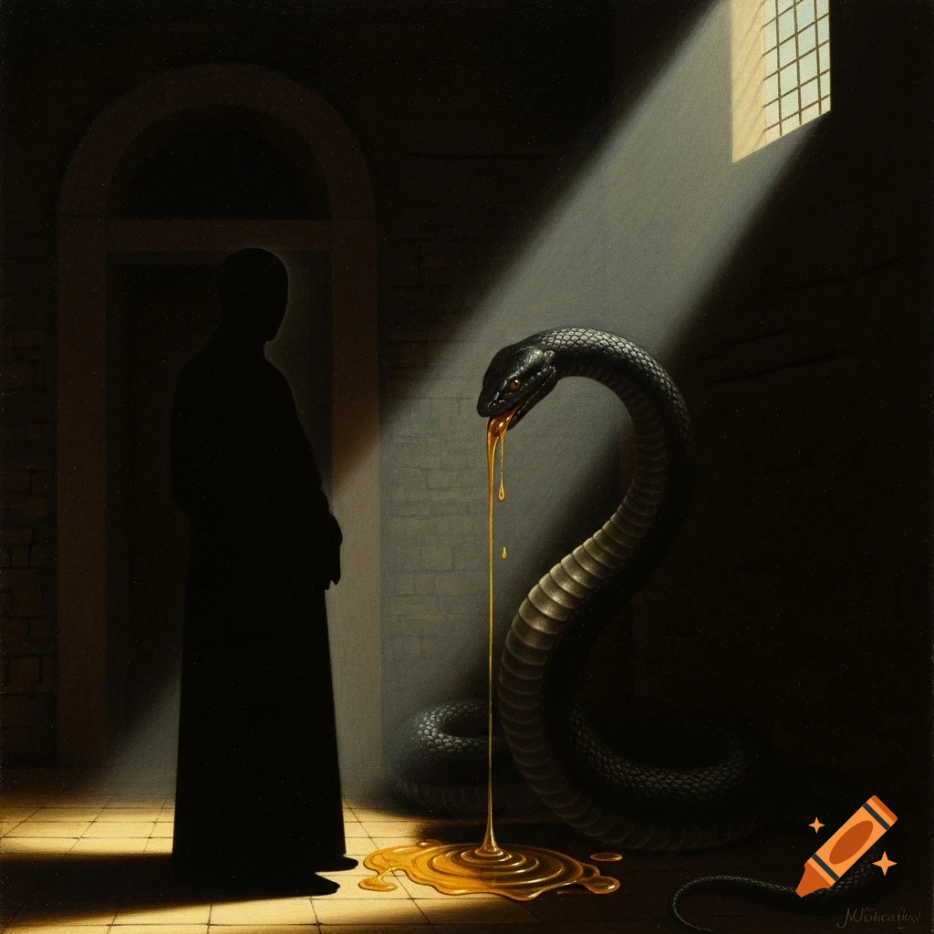 A dramatic painting of a silhouetted figure watching a snake drip golden honey onto the floor in a dark room, illuminated by a shaft of light.