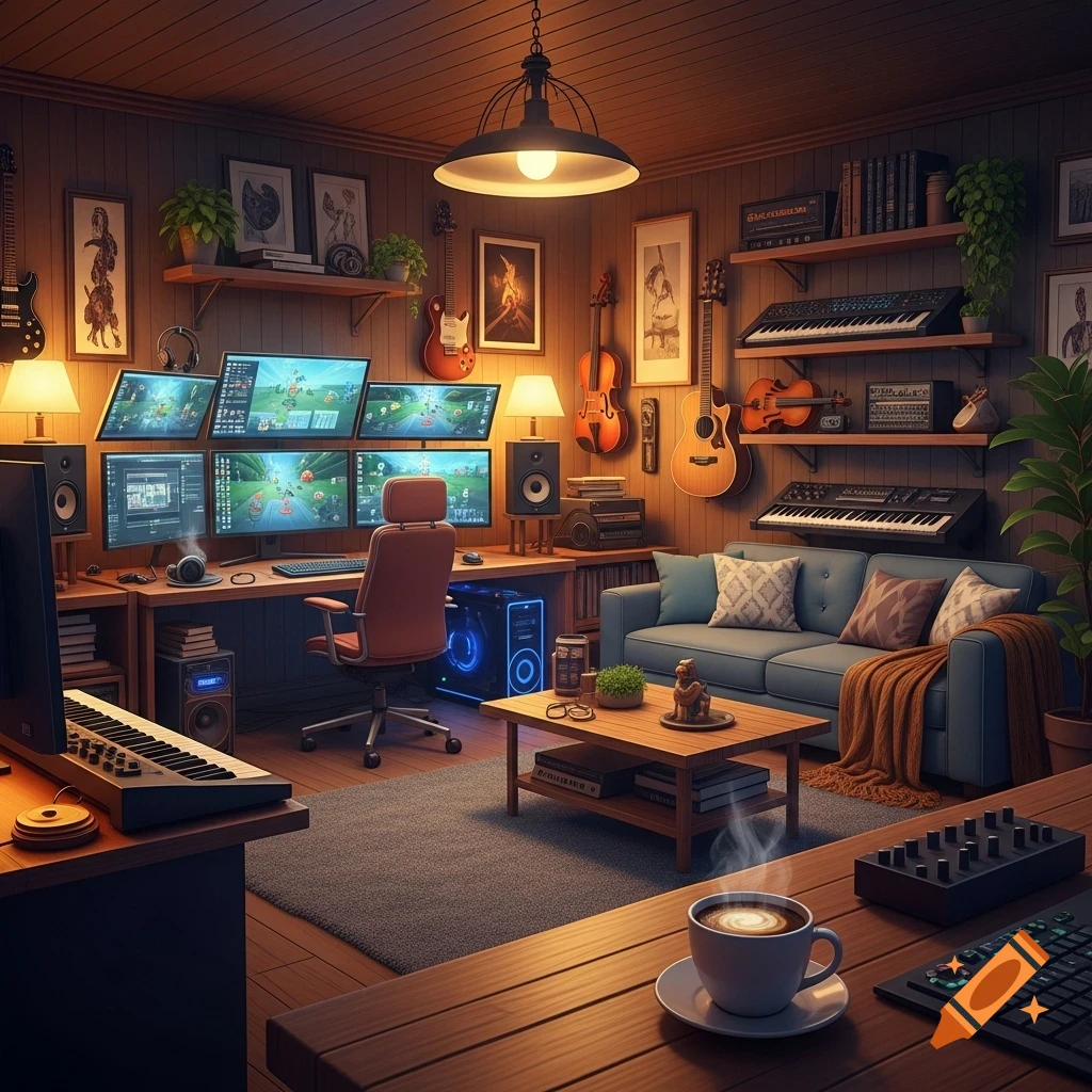 Cozy game developer studio with multiple monitors, musical instruments like guitars and keyboards, a comfortable sofa, and a steaming coffee cup.