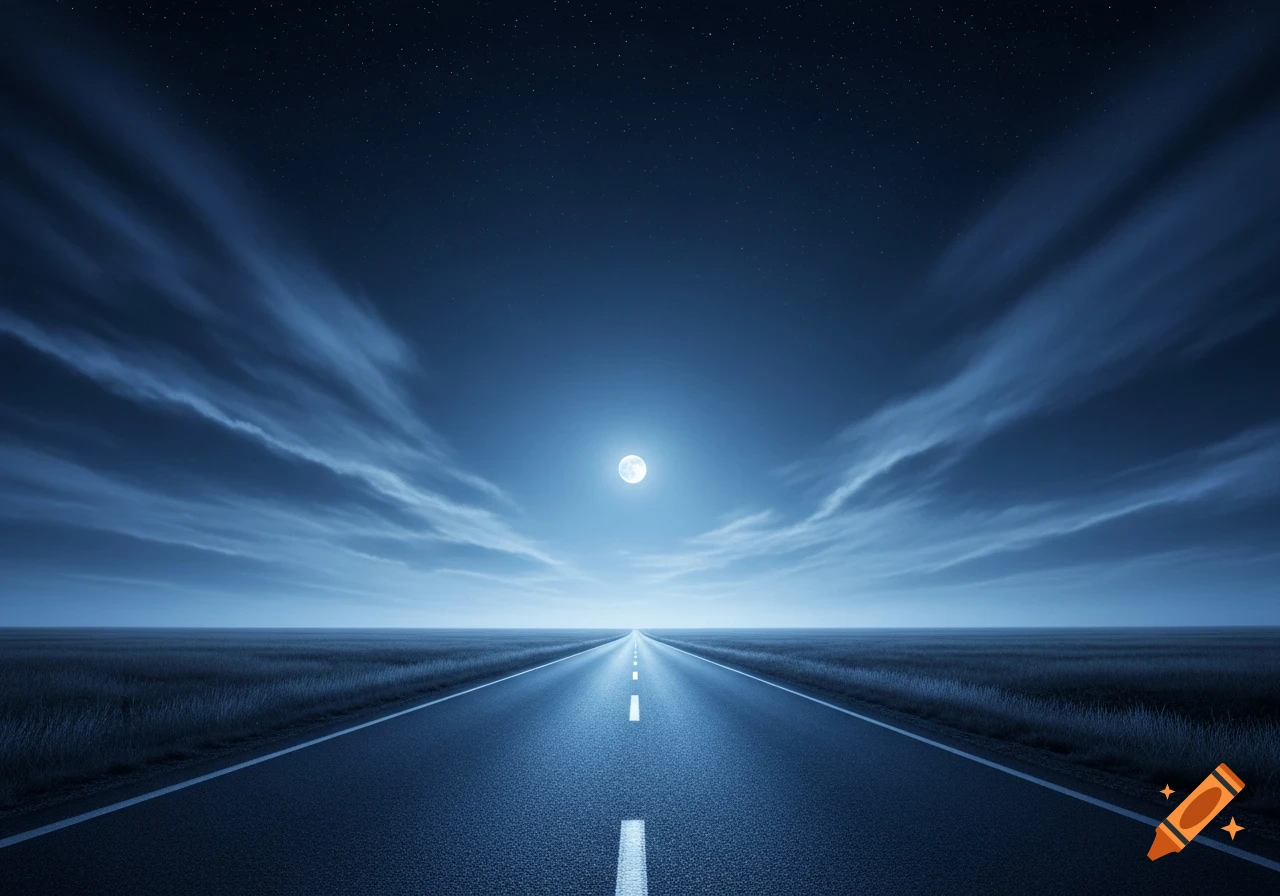 A long, straight road extends into the distance under a full moon and a dark, cloudy night sky.