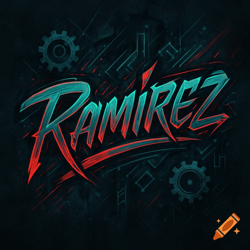 Stylized text logo for 'Ramirez' in vibrant red and teal with a dark, tech-inspired background featuring gears and abstract lines.