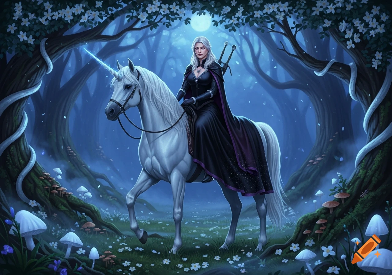 Yennefer rides a white unicorn with a glowing horn through a dark, magical forest at night under a full moon, with glowing plants.