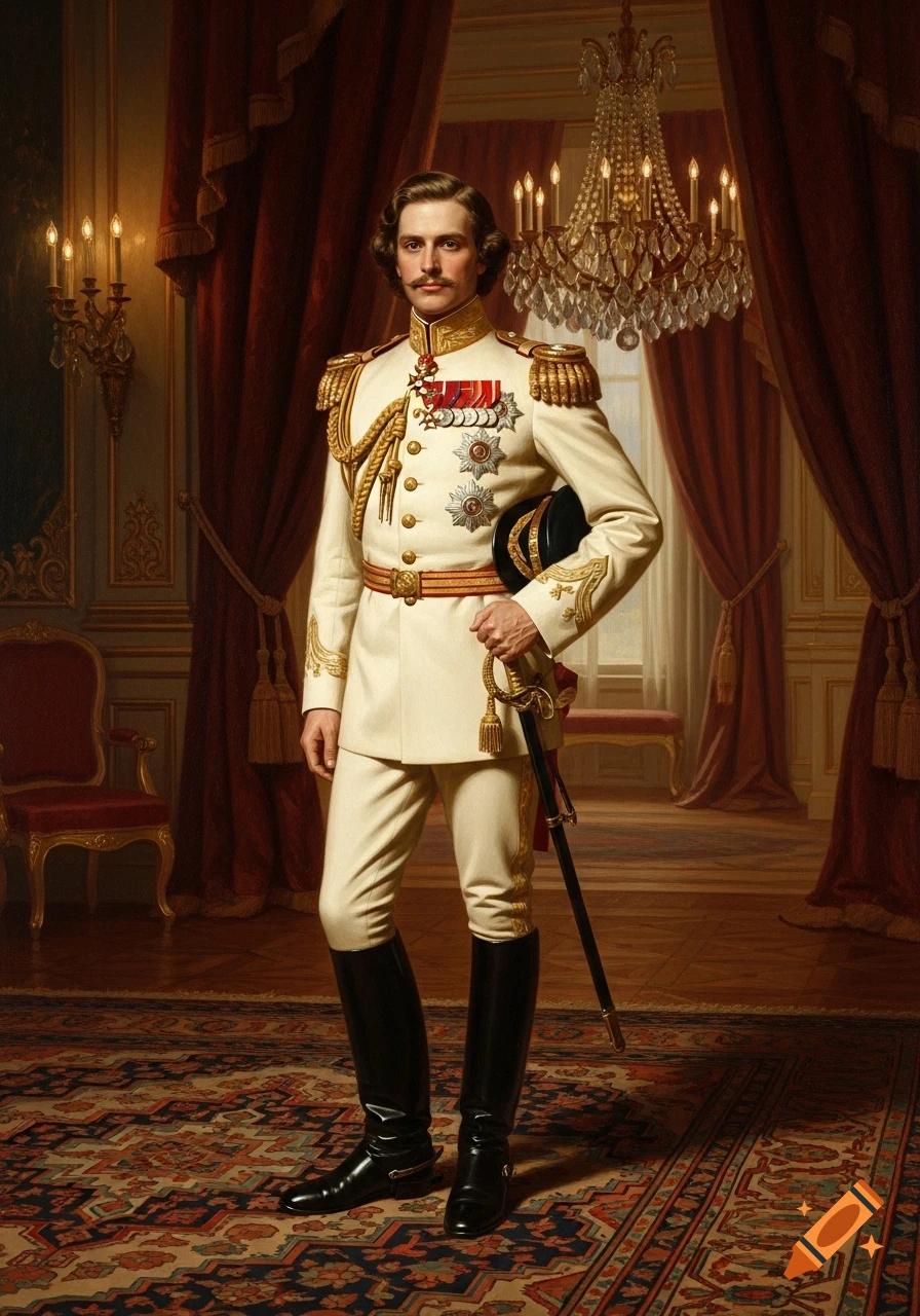 Formal classical painting of a man in an ornate white military uniform, holding a sword and hat, standing in a regal room.