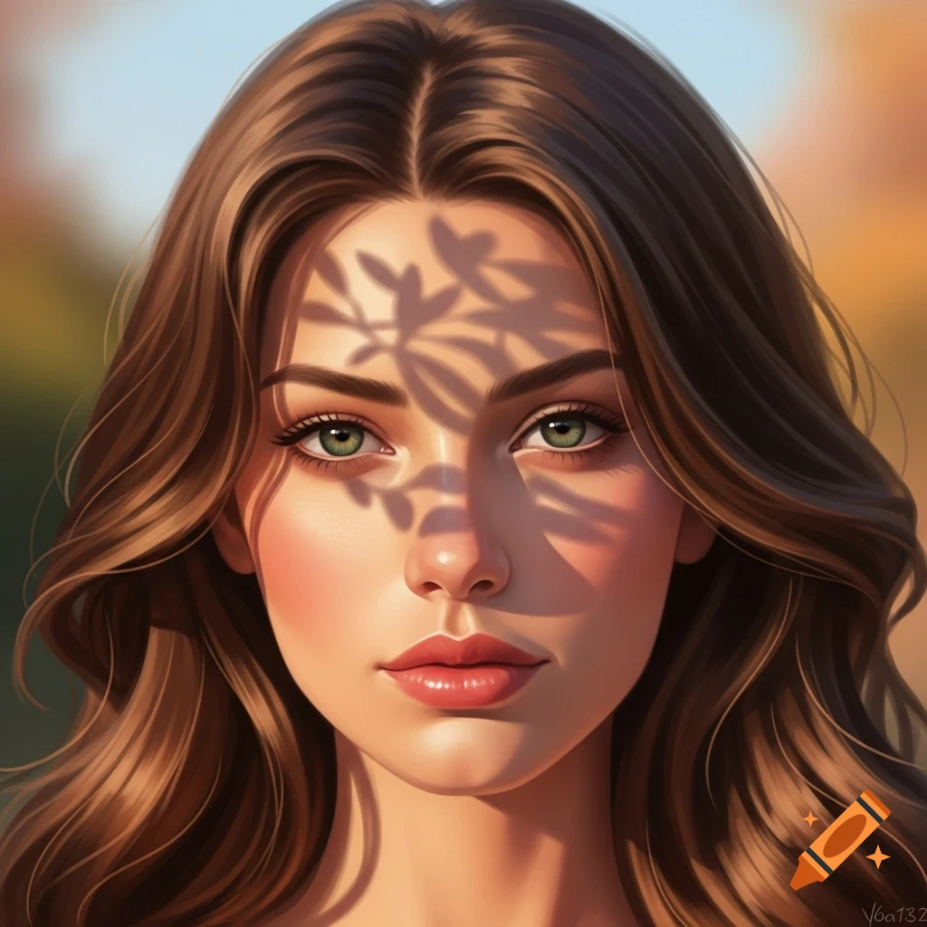 Close-up digital painting of a woman with long brown hair and green ...