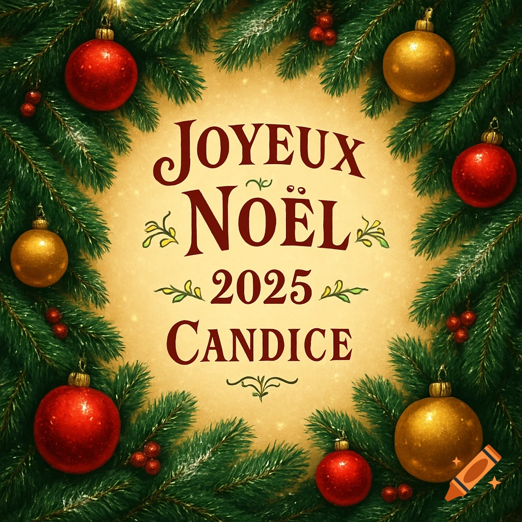A festive Christmas greeting card with green pine branches, red and gold ornaments, and "Joyeux Noël 2025 Candice" text.
