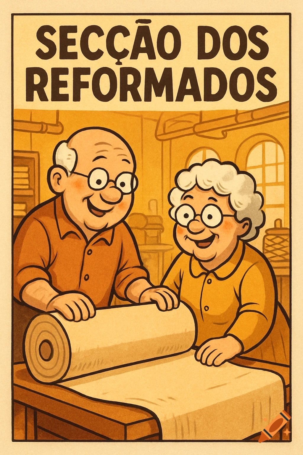 Cartoon poster of a smiling elderly man and woman working on a large fabric roll, with 'SECÇÃO DOS REFORMADOS' at the top.