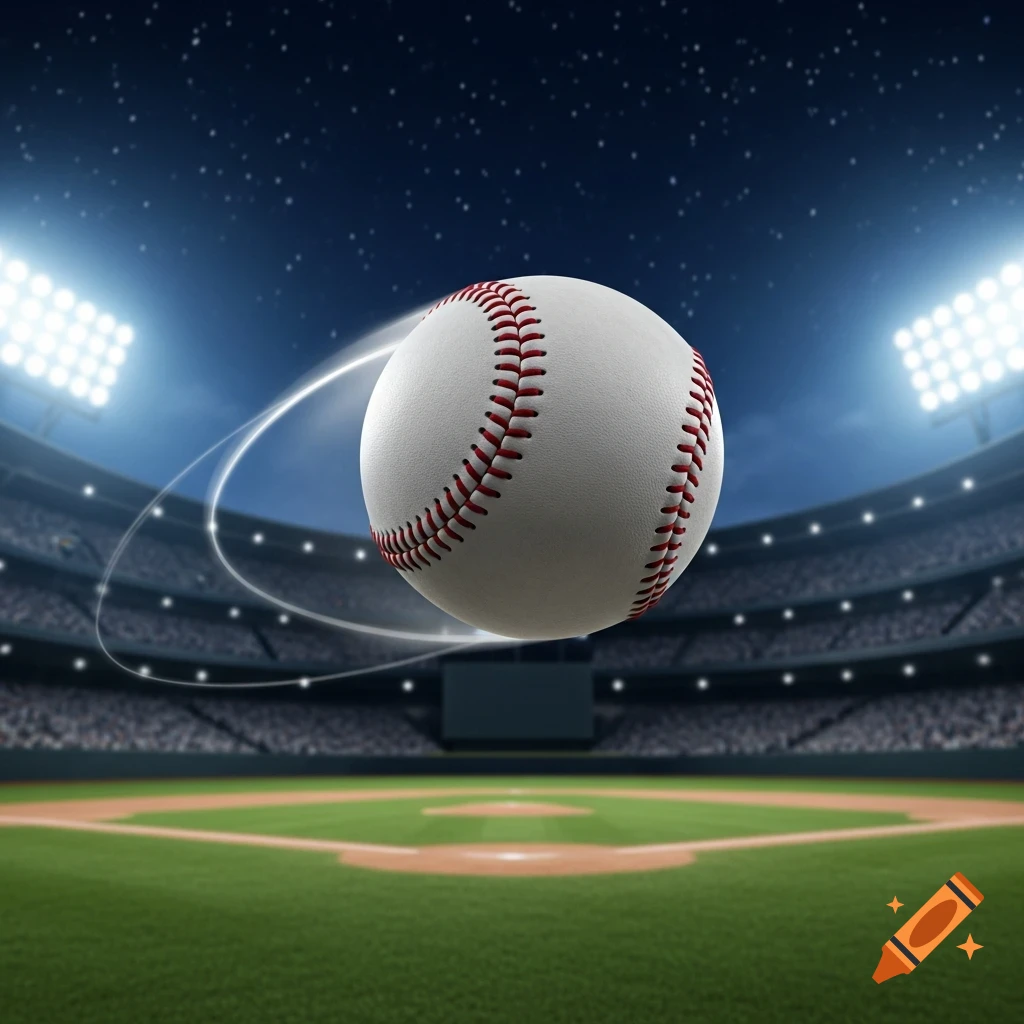 A photorealistic baseball with red stitching floats above a green baseball field inside a stadium at night, illuminated by bright lights under a starry sky.