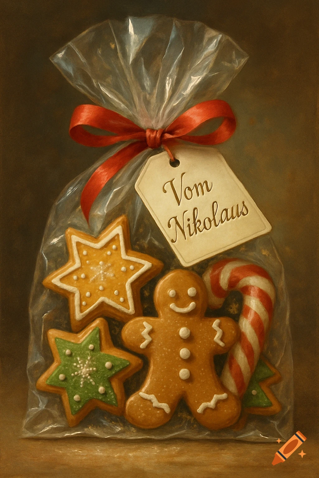 A clear bag filled with gingerbread man and star cookies, a candy cane, tied with a red ribbon and a "Vom Nikolaus" tag.
