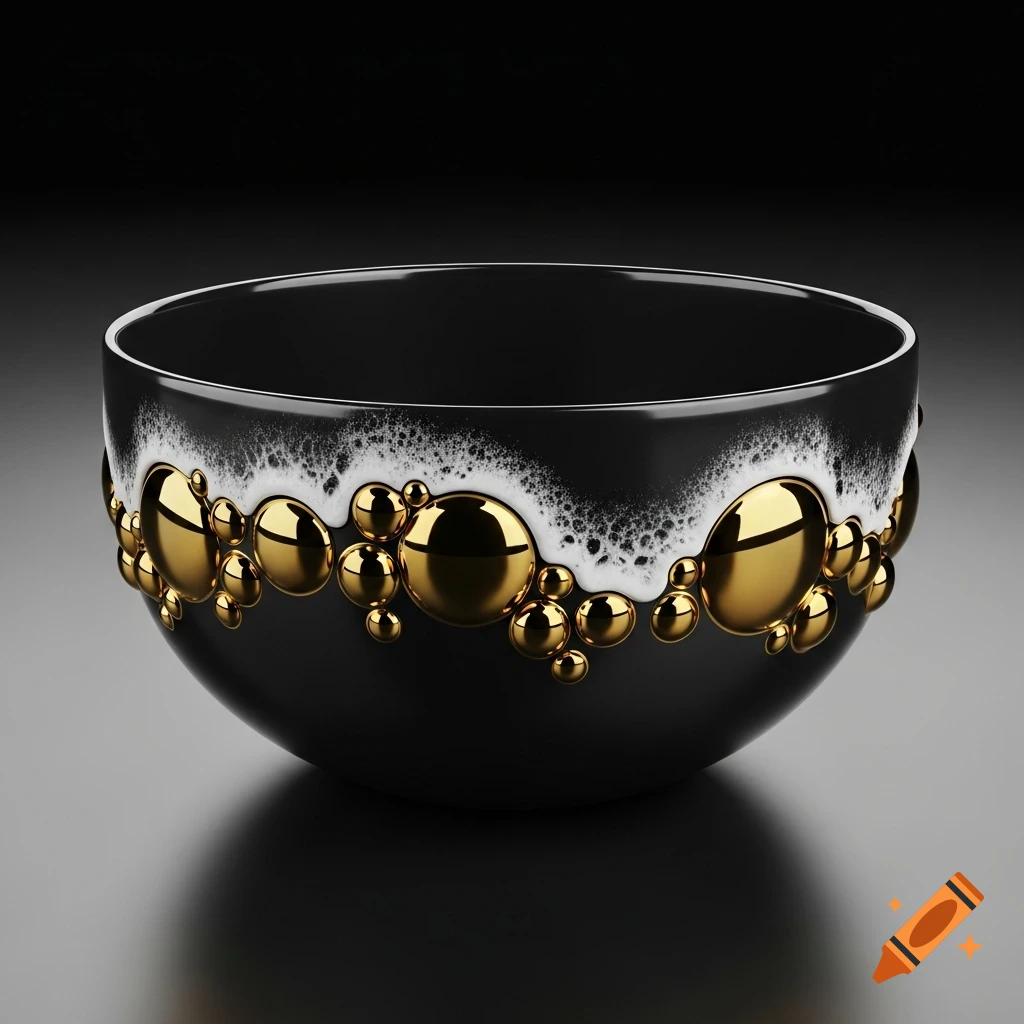 A black ceramic bowl decorated with shiny gold spheres and a white textured rim, set against a dark background.