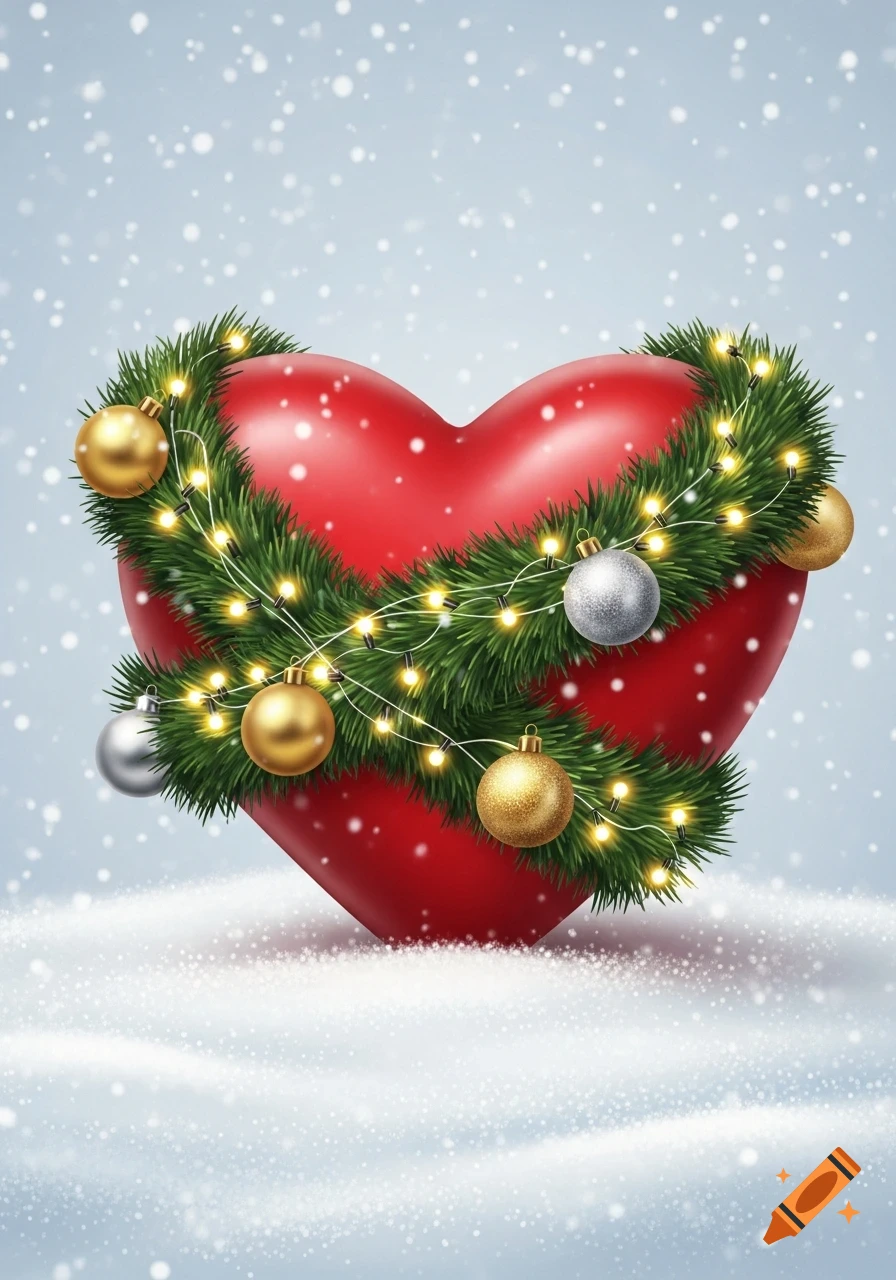 A red heart decorated with a green Christmas garland, string lights, and gold and silver ornaments, set against a snowy background.
