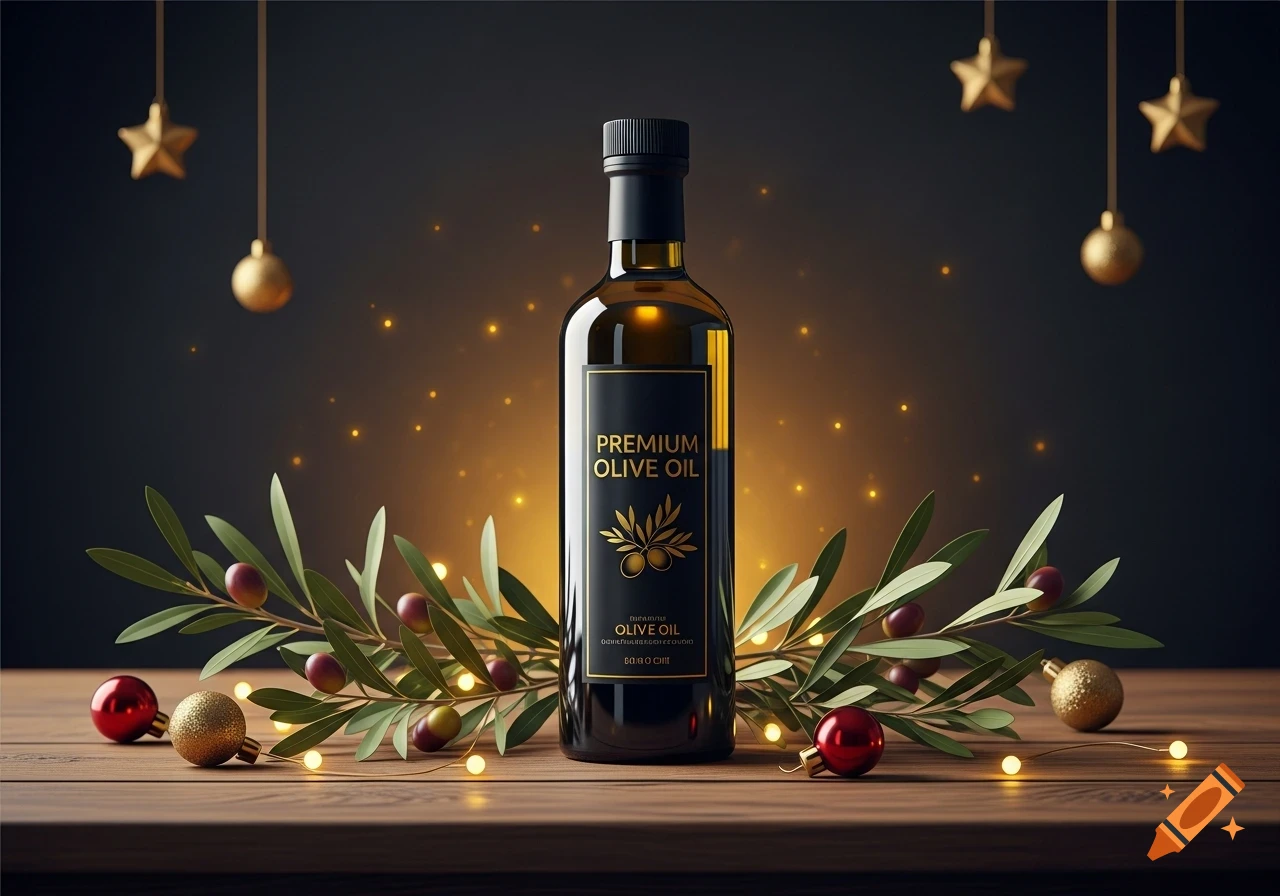 A premium olive oil bottle on a wooden table, surrounded by olive branches, Christmas ornaments, and warm fairy lights against a dark, elegant background.