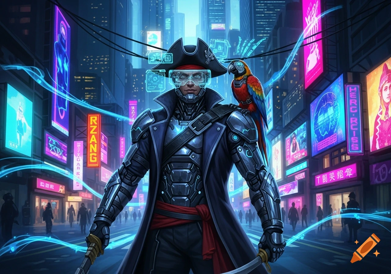 A cyberpunk pirate in futuristic armor with glowing goggles, holding a sword and a parrot on his shoulder, stands on a city street at night amidst neon signs and distant figures.