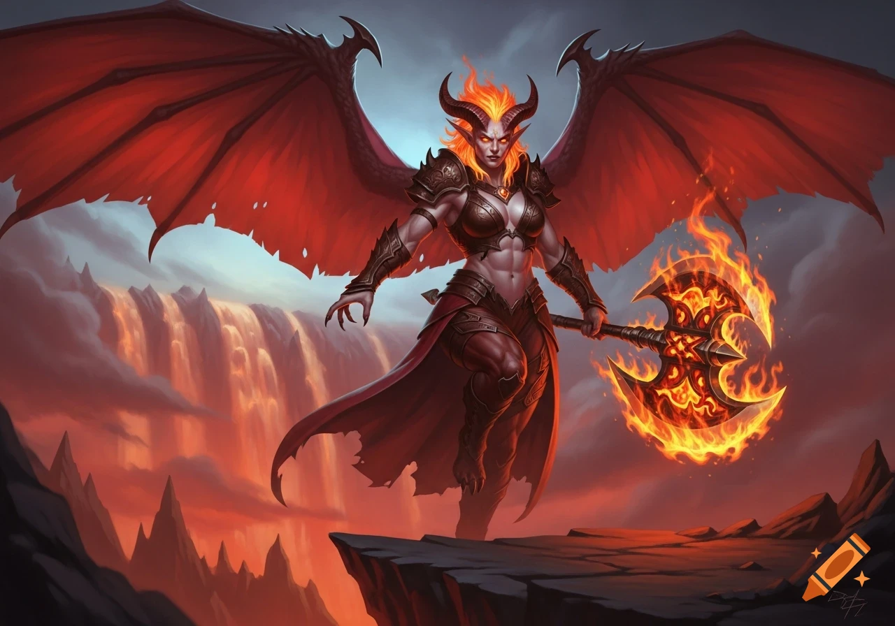 Muscular female demon warrior with red wings and horns, wielding a flaming great axe, standing on a cliff in a fiery fantasy landscape.