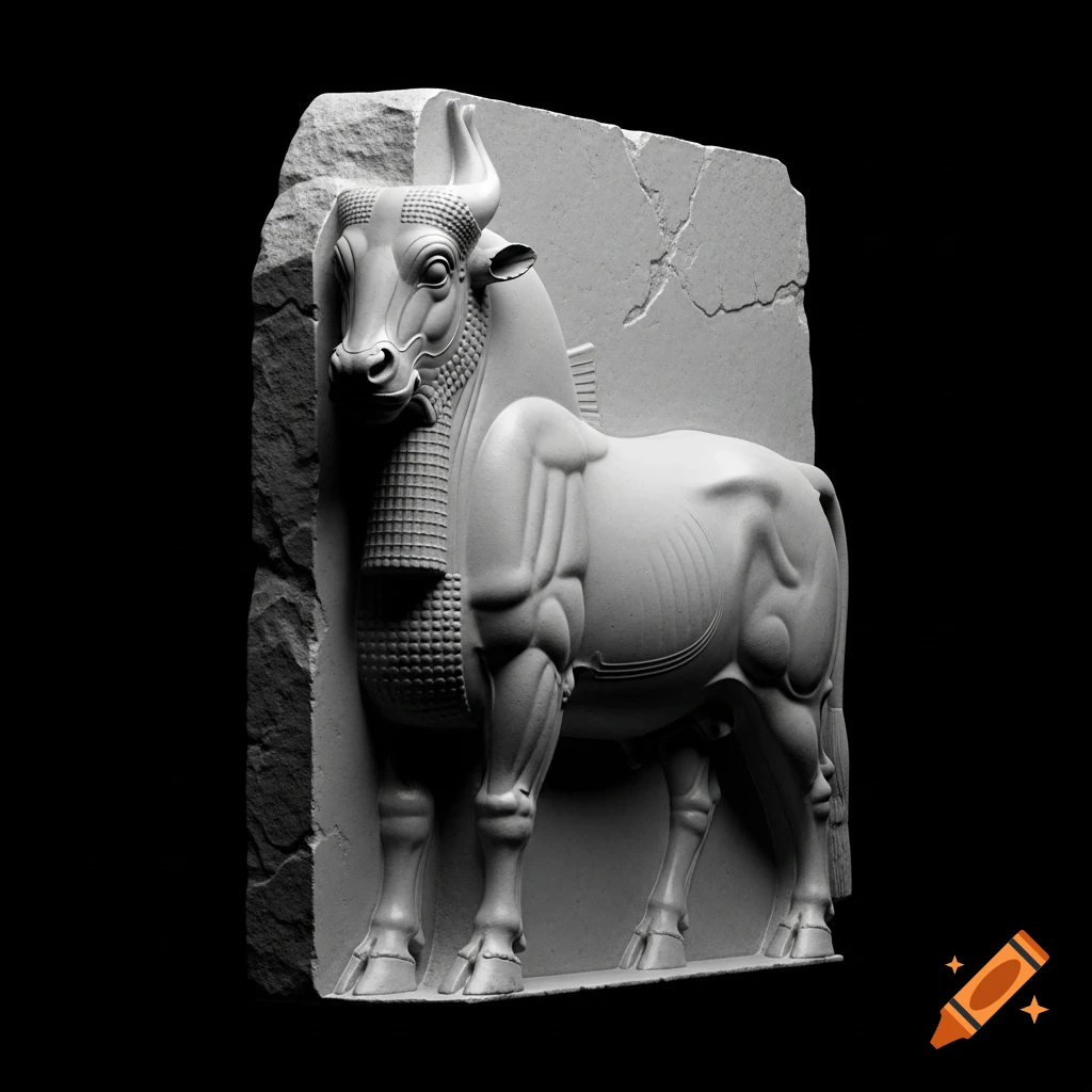 Greyscale bas-relief of an ancient bull sculpture on a stone slab with a black background.