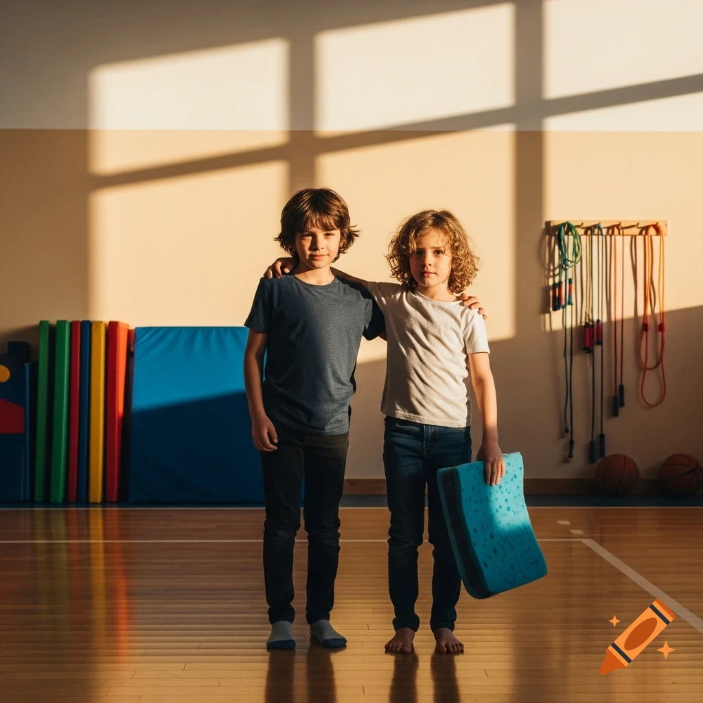 Two children stand next to each other in a sunlit gymnasium, one with an arm around the other's shoulder, holding a blue sponge.
