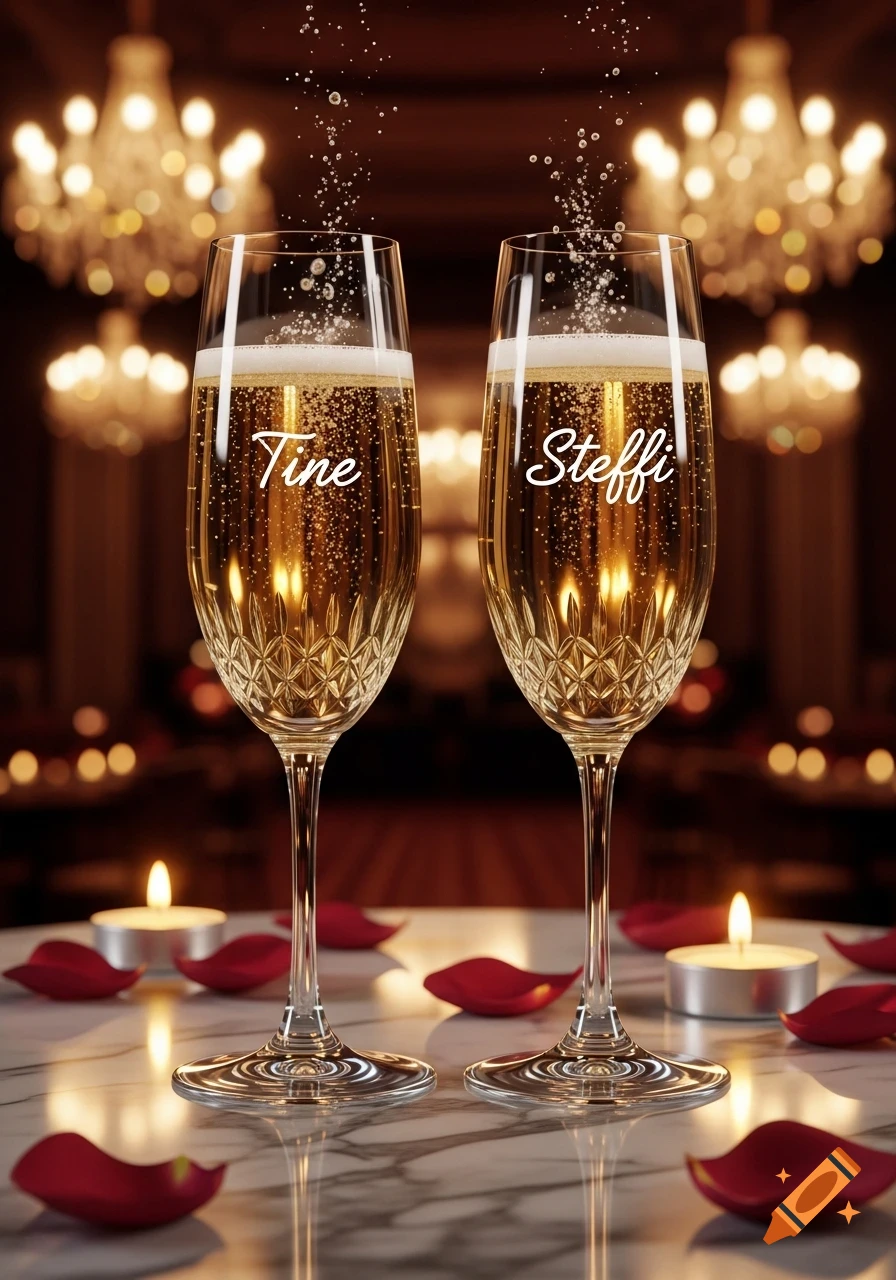 Two elegant champagne glasses engraved with 'Tine' and 'Steffi', surrounded by rose petals and candles on a marble table in a dimly lit, luxurious setting.