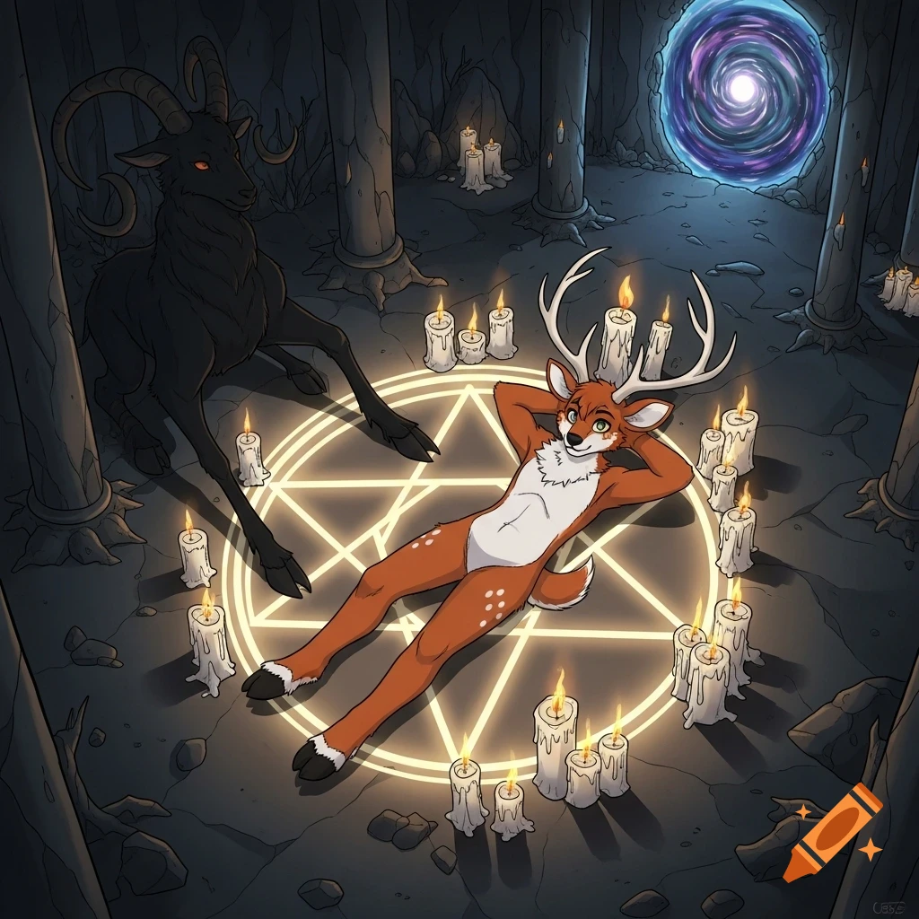 A cartoon deer-like furry creature with antlers lies on a glowing pentagram surrounded by candles. A black satyr monster sits nearby, and a purple portal swirls in the dark background.
