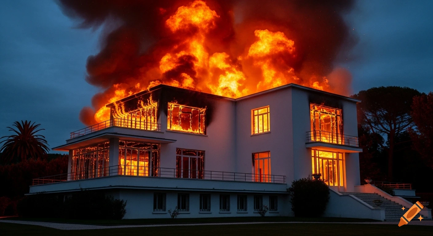 A photorealistic image of a modern, white building, Villa Noailles, intensely engulfed in flames and billowing smoke against a dark twilight sky.