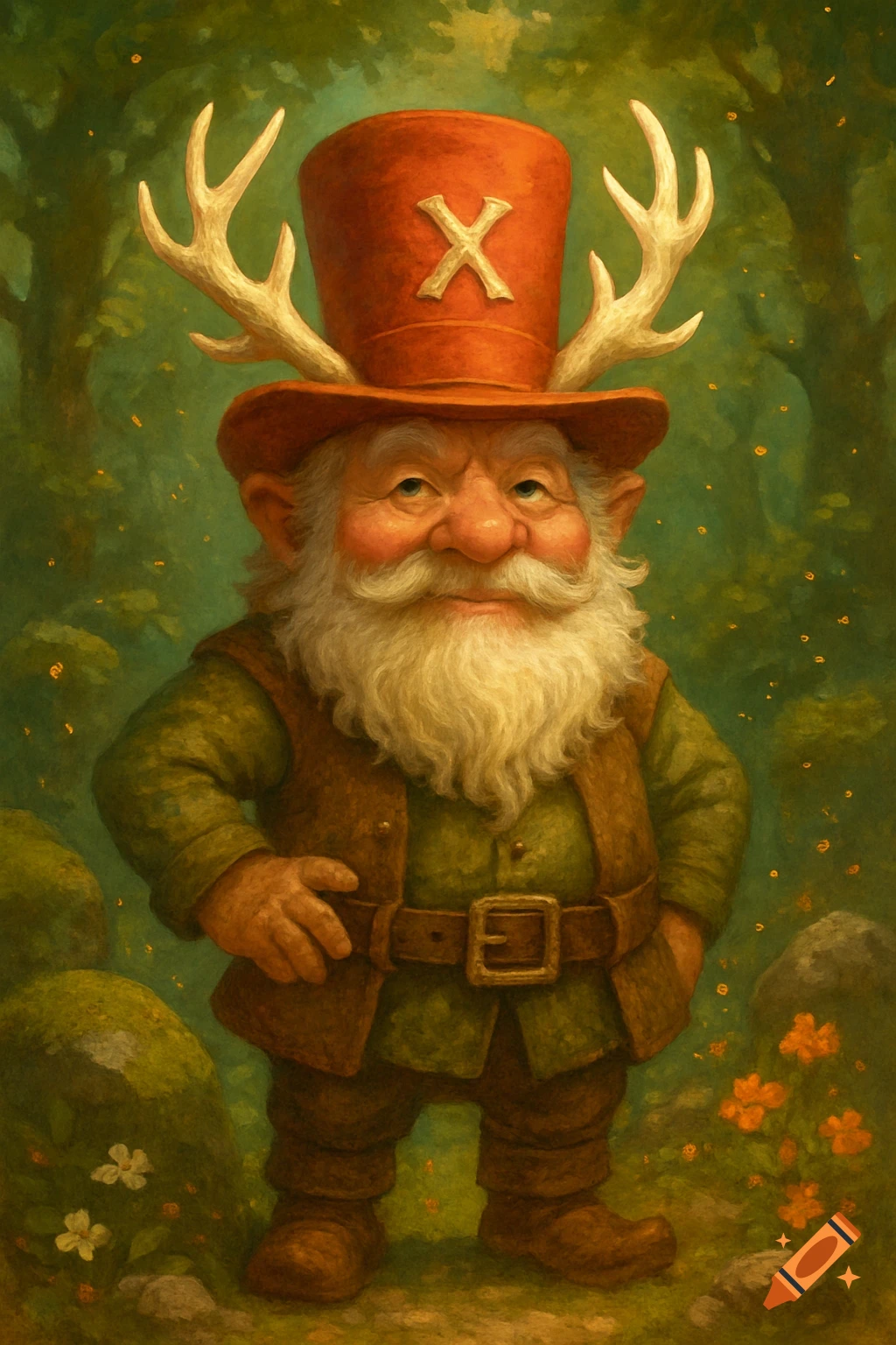A friendly, middle-aged gnome with a long white beard and green and brown attire, wearing an orange top hat with a white 'X' and deer antlers, stands in a magical forest.