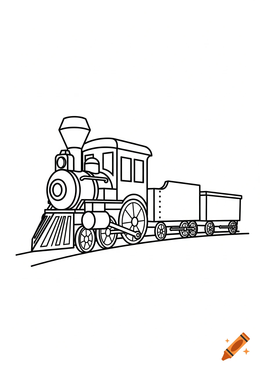 A line drawing of a train, featuring a locomotive and two empty wagons on tracks.