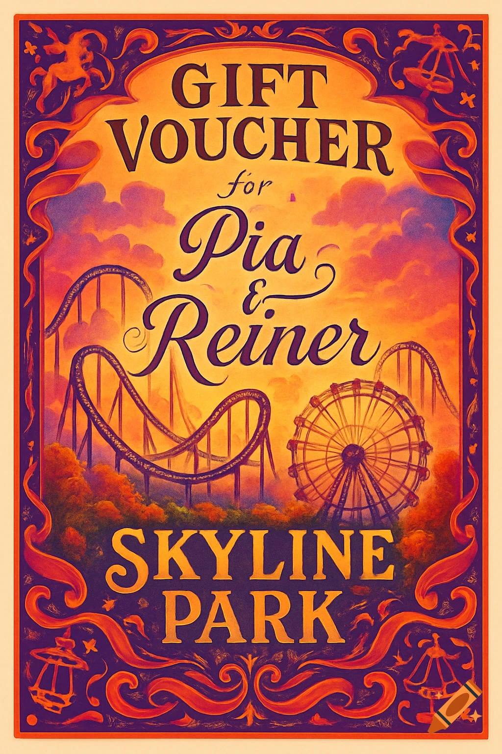 Vibrant illustrated gift voucher for Skyline Park, with roller coasters, a Ferris wheel, and text: 'GIFT VOUCHER for Pia & Reiner SKYLINE PARK'.