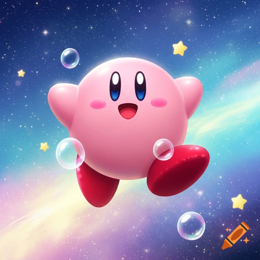 Pink, round Kirby smiling and floating in a vibrant, starry space with bubbles and yellow stars.