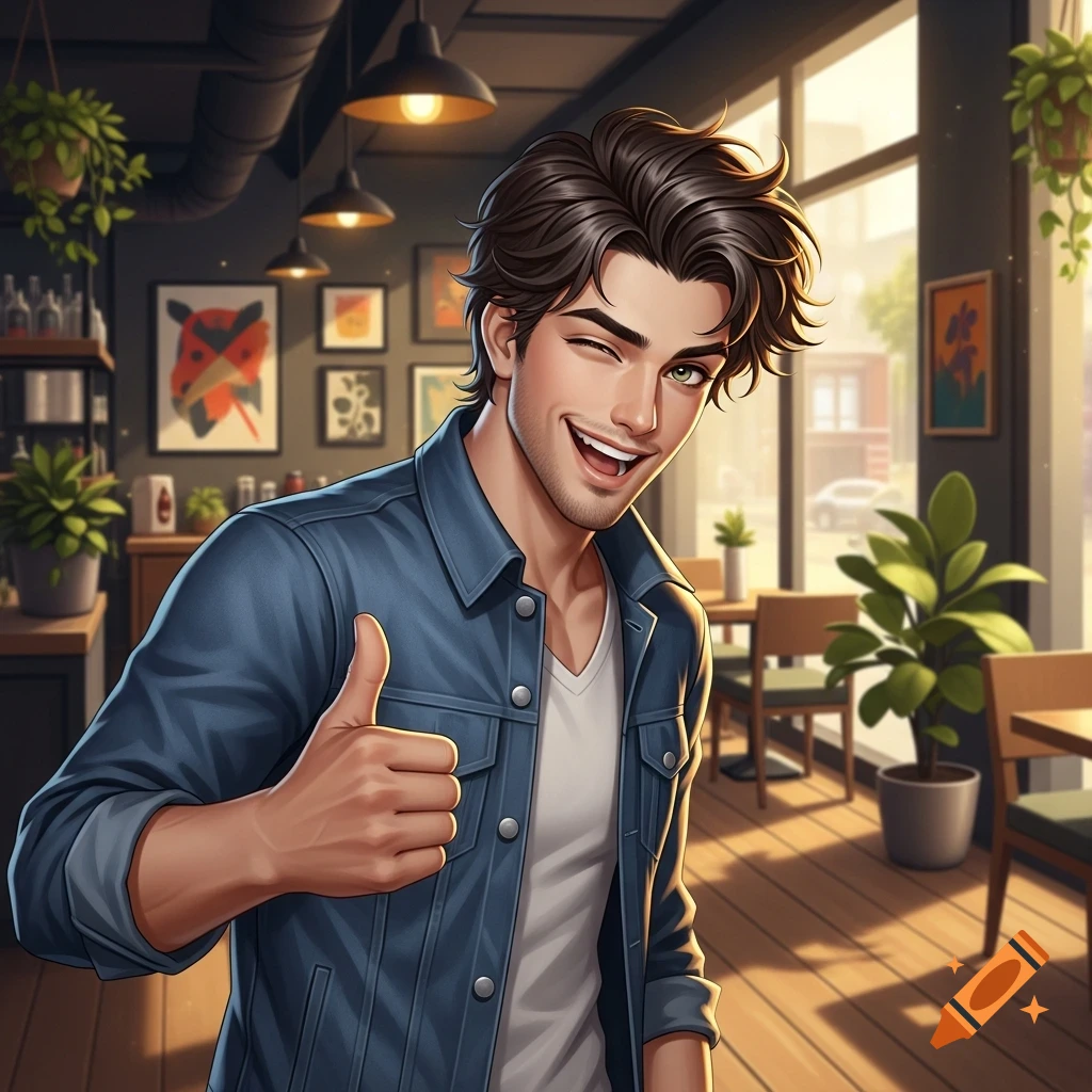 An anime-style man in a cafe winks and gives a thumbs up, wearing a blue denim jacket and a white t-shirt.