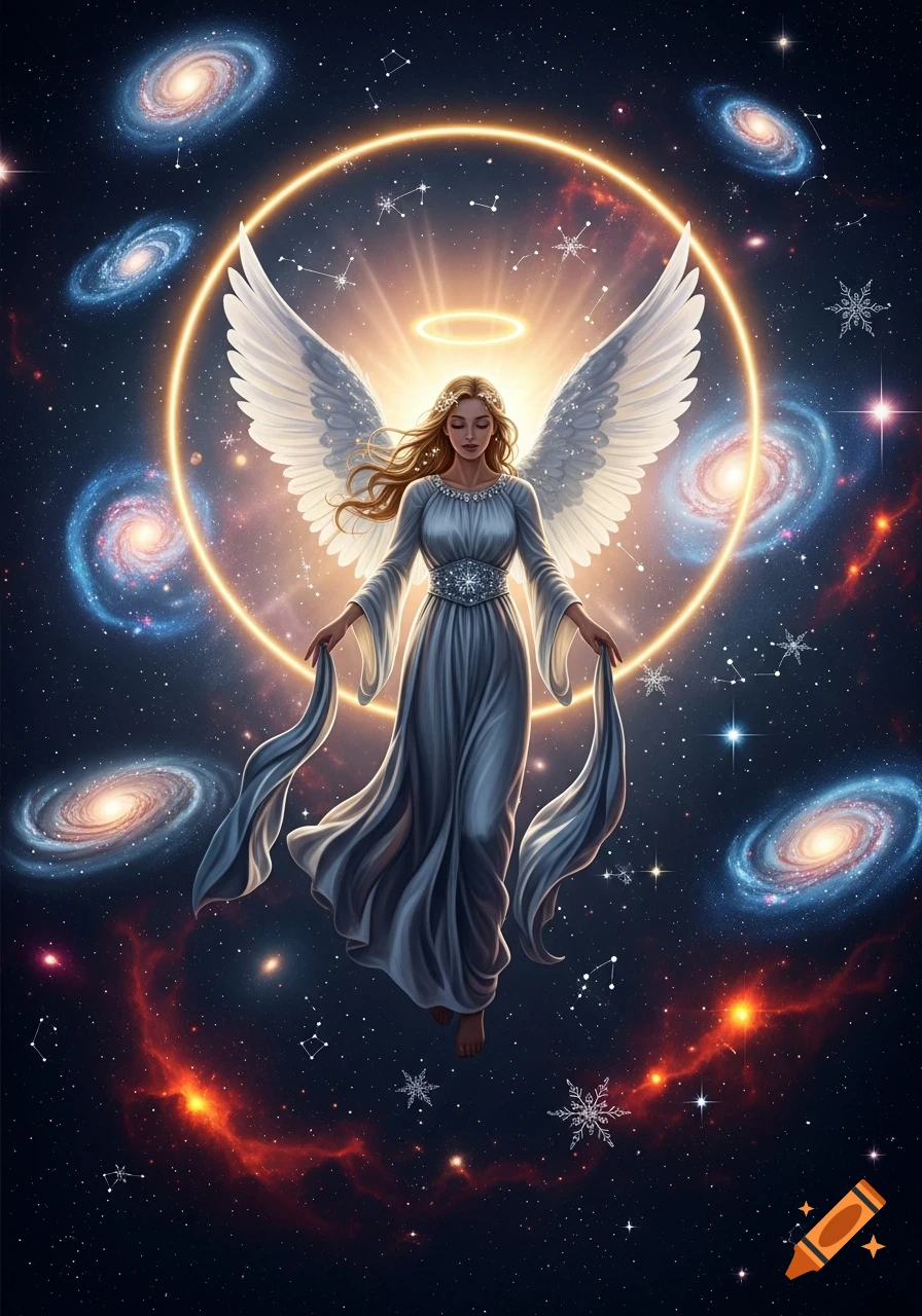 An angelic woman with white wings and a halo floats in a cosmic scene with galaxies, stars, and nebulae.